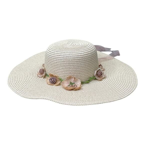 none Accessories - Elegant Flower Straw Hat w/Ribbons
